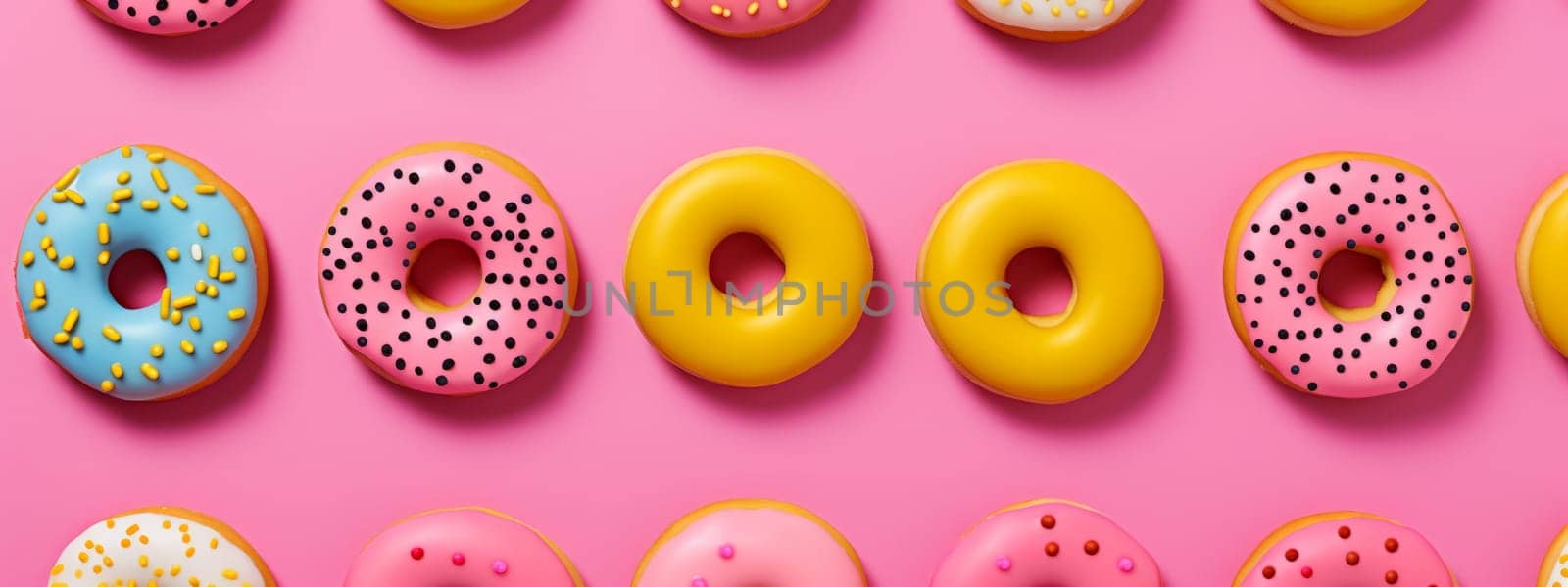 Donuts texture isolated on pink background. Bright seamless pattern