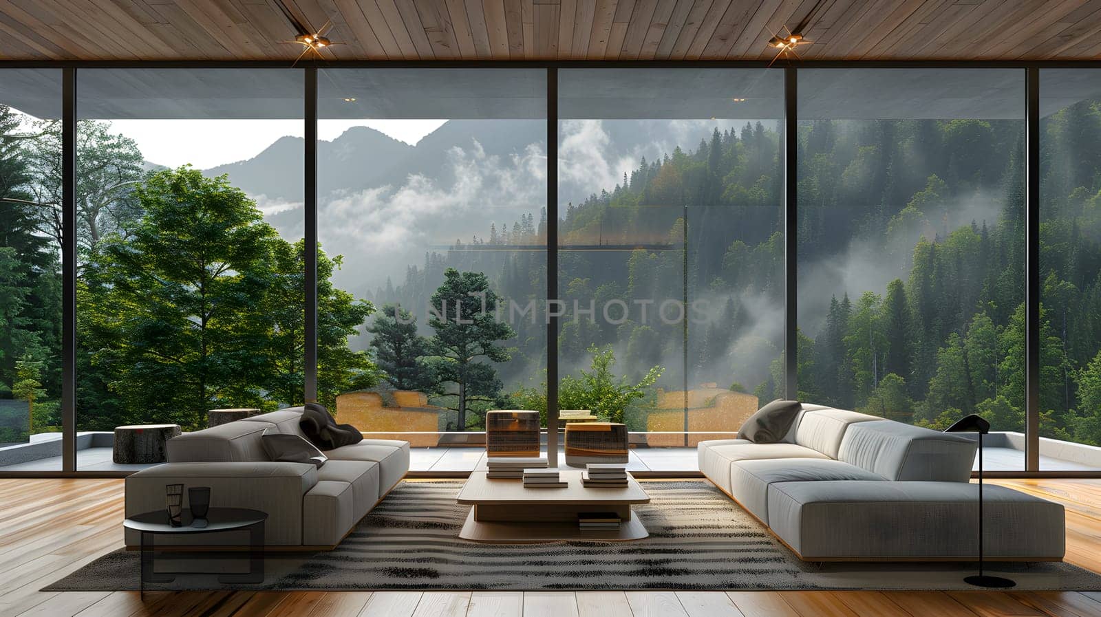 A property featuring a living room with numerous windows offering a picturesque view of the forest. The interior design includes wooden fixtures and flooring, enhancing the connection with nature