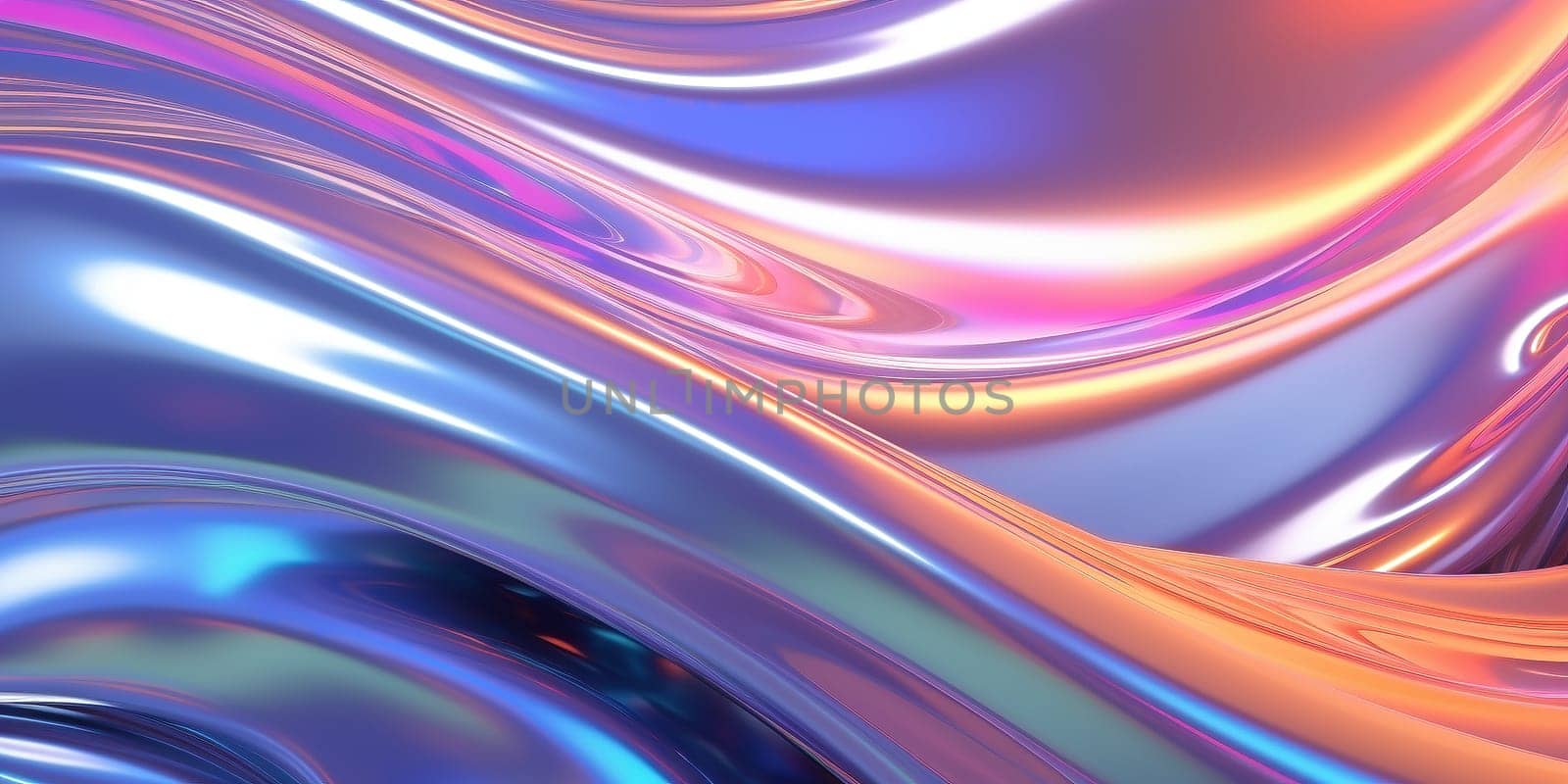 Holographic chrome gradient waves abstract background. Liquid surface, ripples, reflections. 3d render illustration