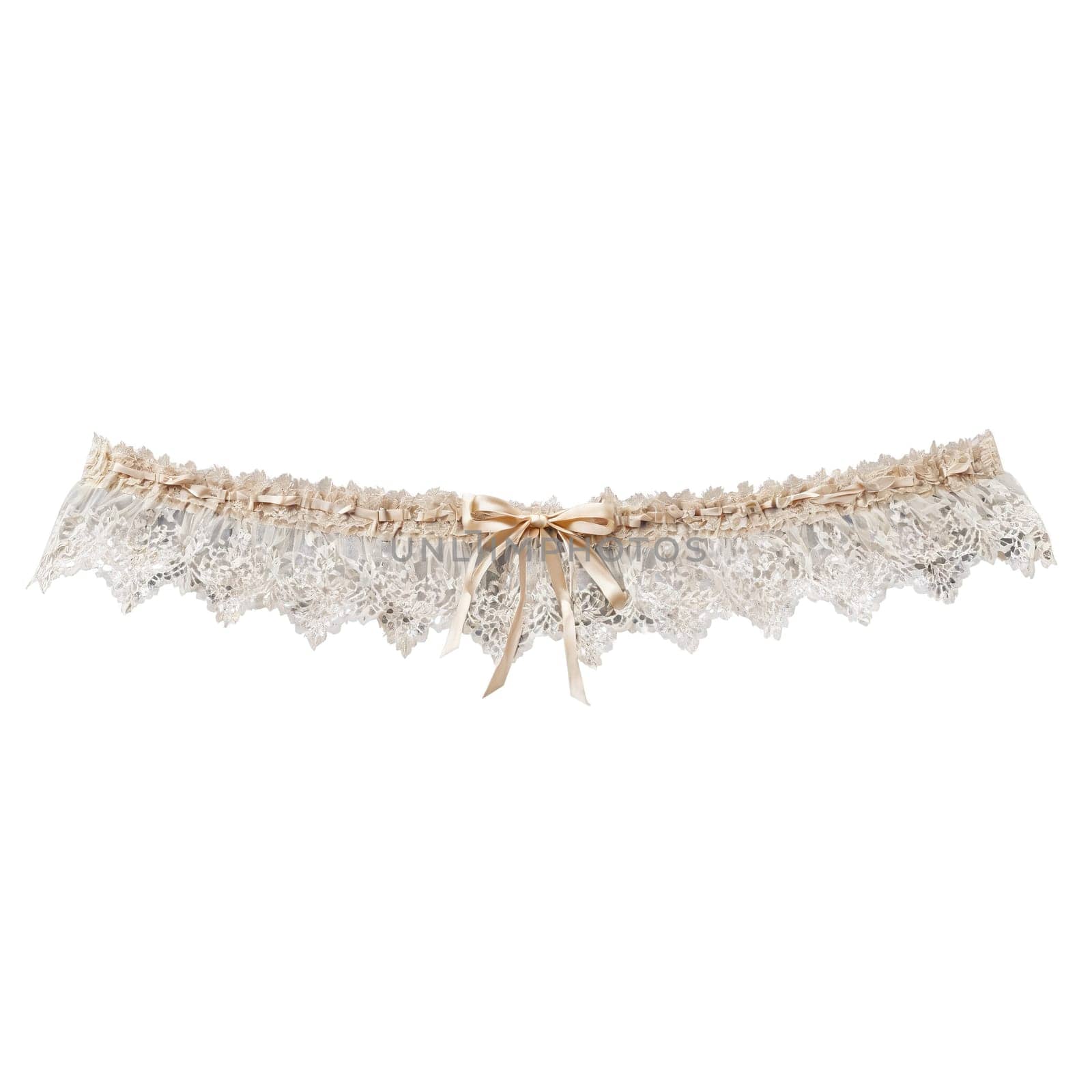 Soft beige lace garter belt fluttering gently with a feather light touch delicate and clear. Woman lingerie isolated on transparent background.