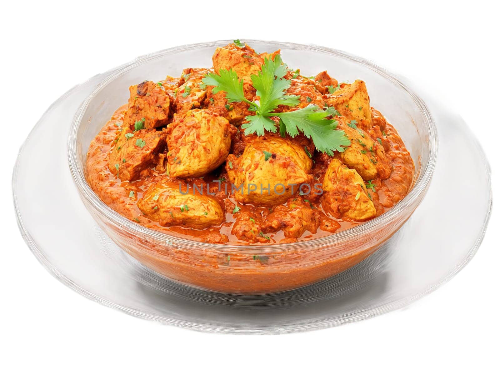 Chicken tikka masala served with naan bread on a transparent glass dish Indian spiced curry. Food isolated on transparent background.