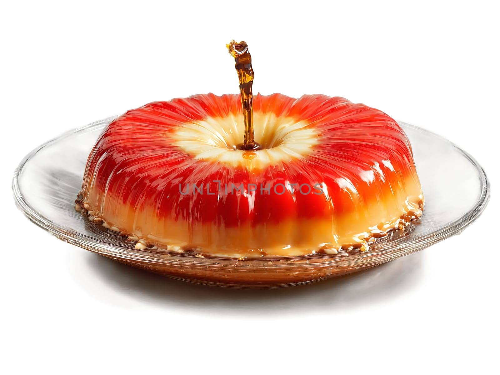 Halloween snack candy apple slices and caramel dip served on a transparent glass dish festive. Food isolated on transparent background.