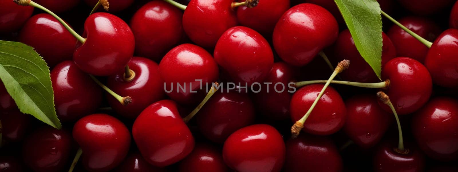 Close up of pile of ripe cherries texture background with stalks and leaves