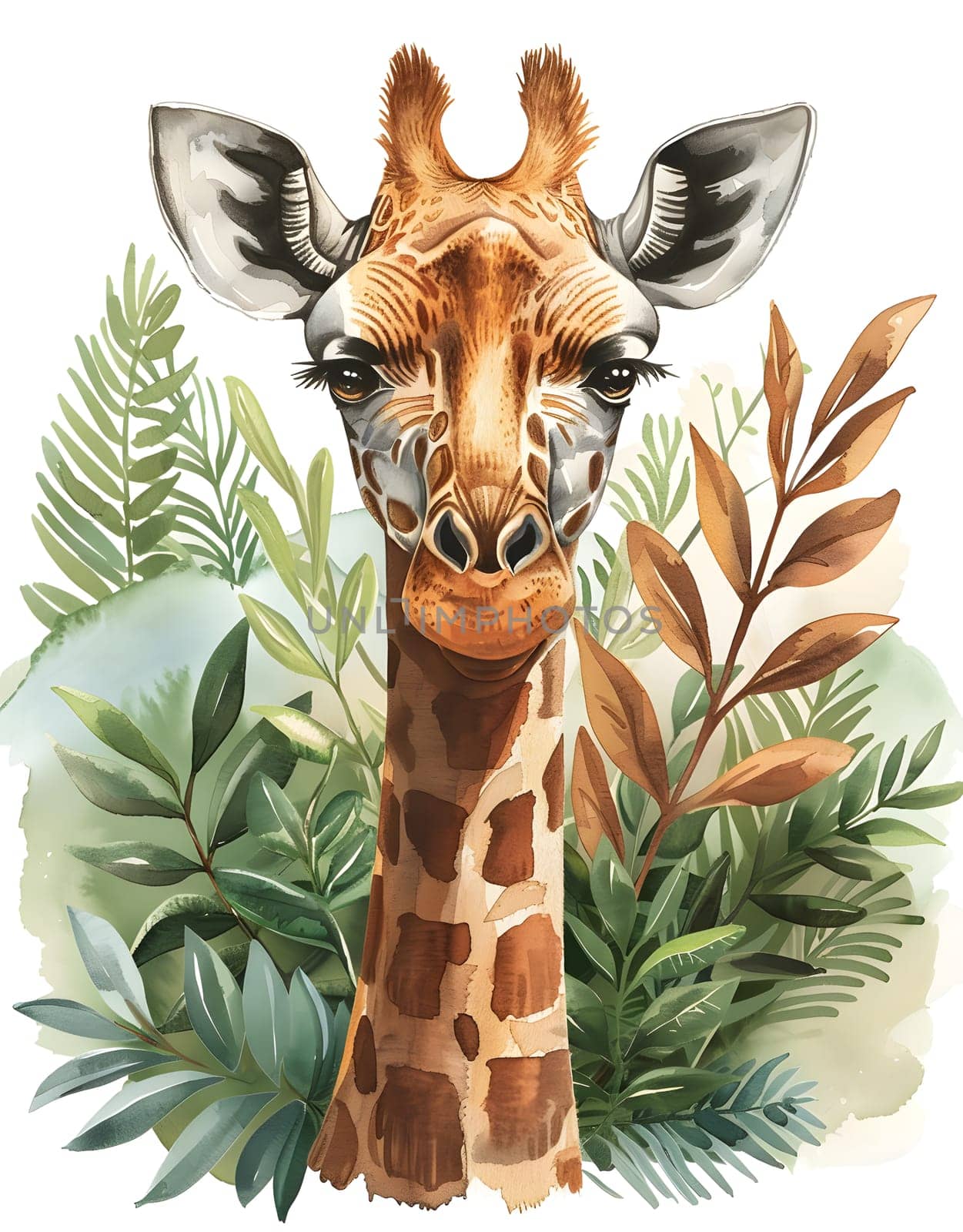 Giraffidae surrounded by leaves in an artistic illustration by Nadtochiy