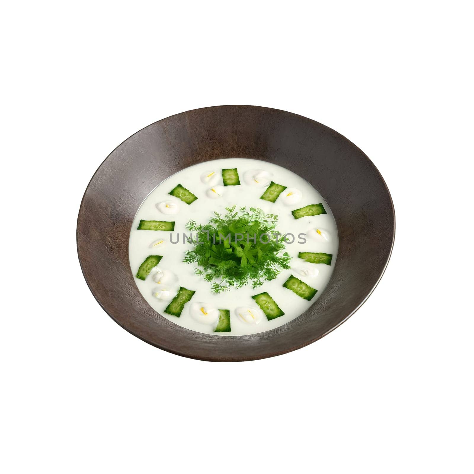 Tajik shakarob cold soup yogurt cucumbers herbs ice cubes served in a bowl Culinary and. close-up food, isolated on transparent background