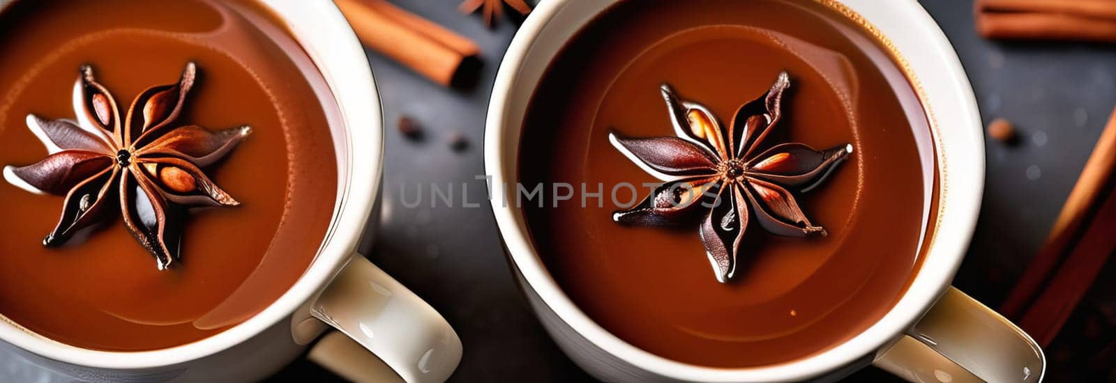 Warm and inviting image featuring two cups of spicy Champurrado adorned with cinnamon and star anise, presented on a white background