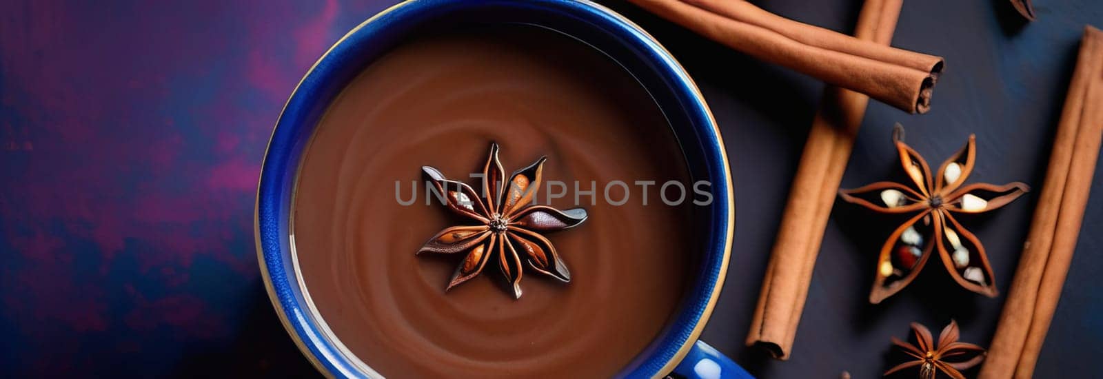 Rich and flavorful Champurrado beverage served in twin mugs, accented with cinnamon sticks and star anise, against a blank white canvas for text overlay