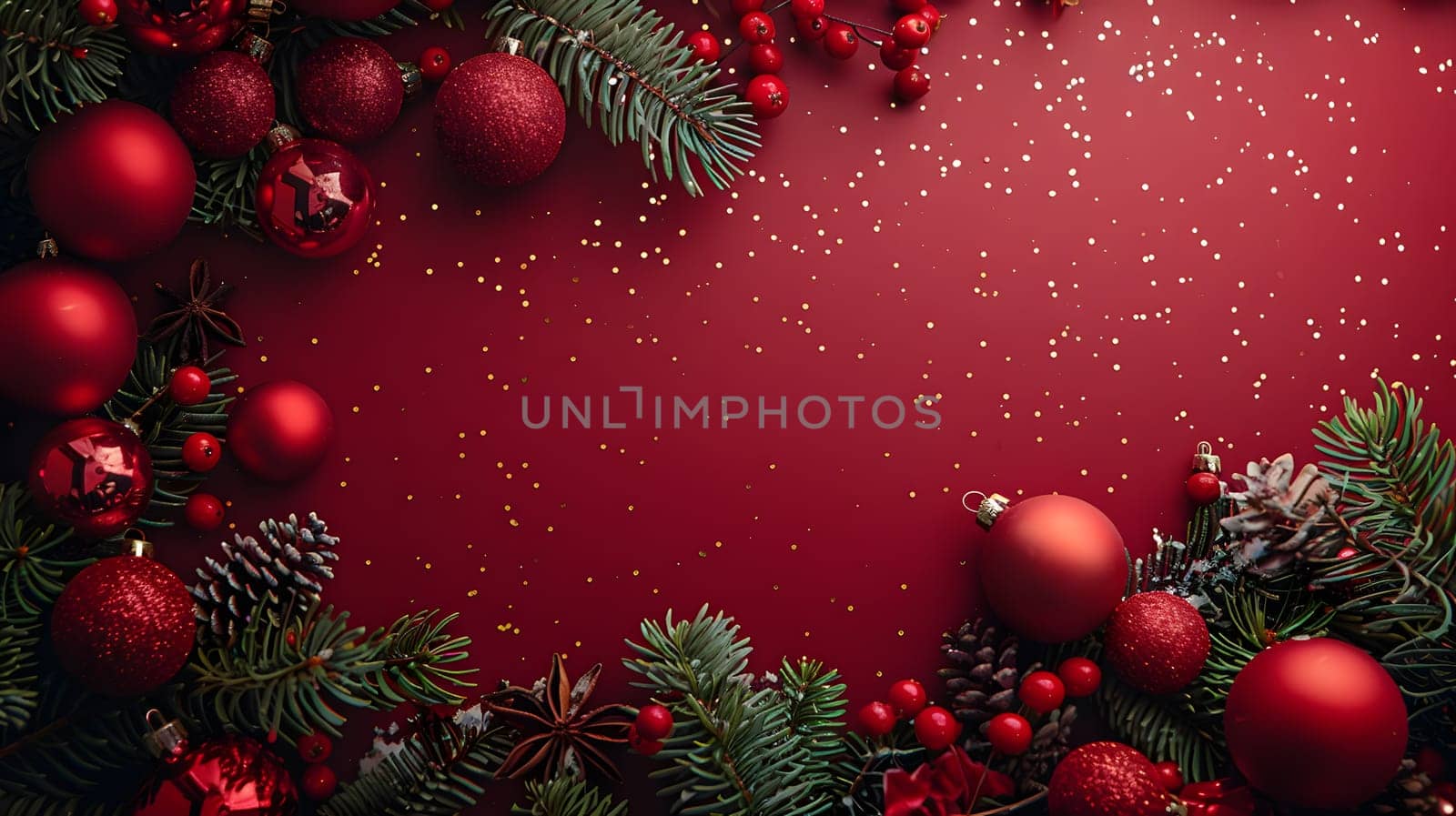 Festive Christmas decorations adorning a red background, including Christmas ornaments and a Christmas tree