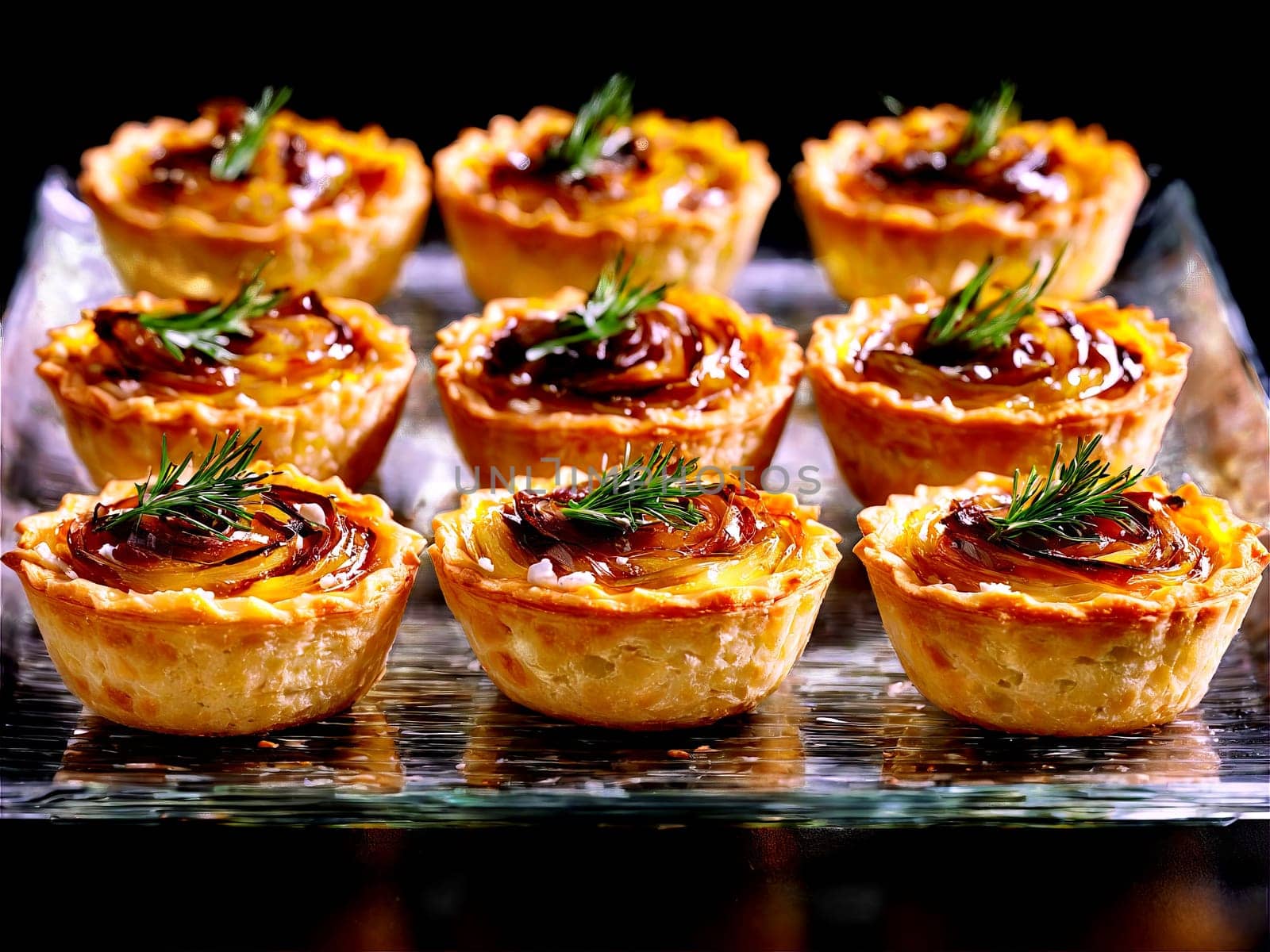 Canapes caramelized onion and goat cheese tartlets served on a transparent glass tray sweet. Food isolated on transparent background.