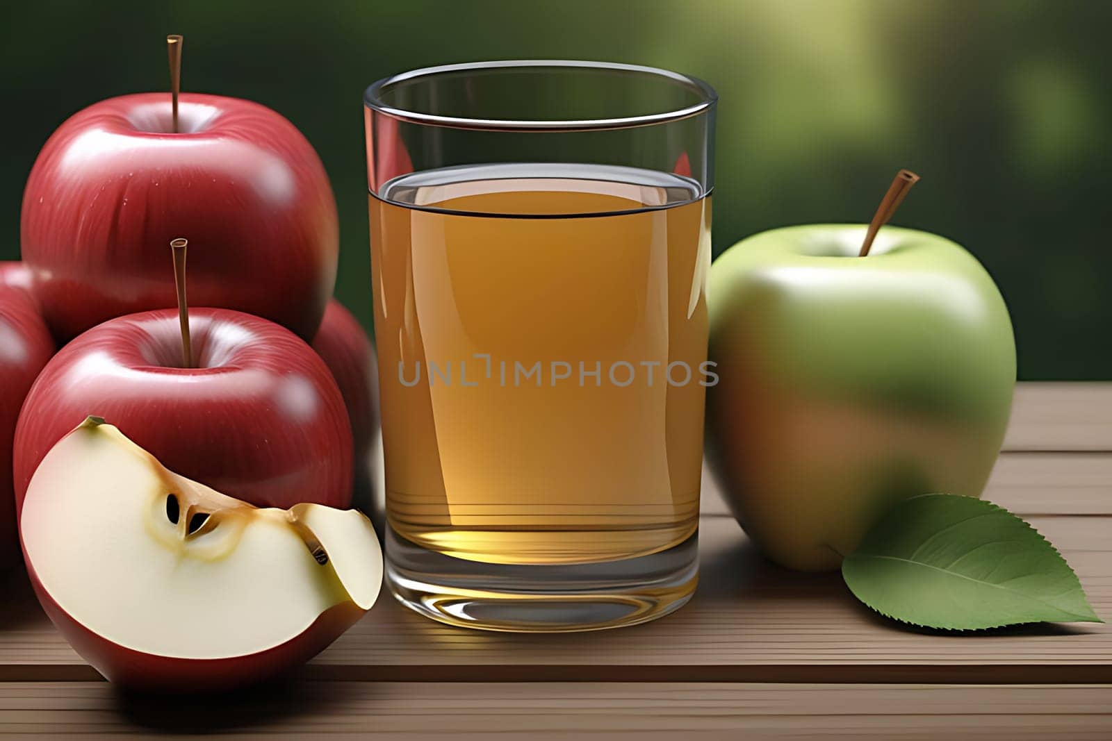 A glass of apple cider sits next to a bunch of ripe apples on a wooden table. The cider appears refreshing, with condensation forming on the glass. The apples are vibrant red and green, suggesting freshness.