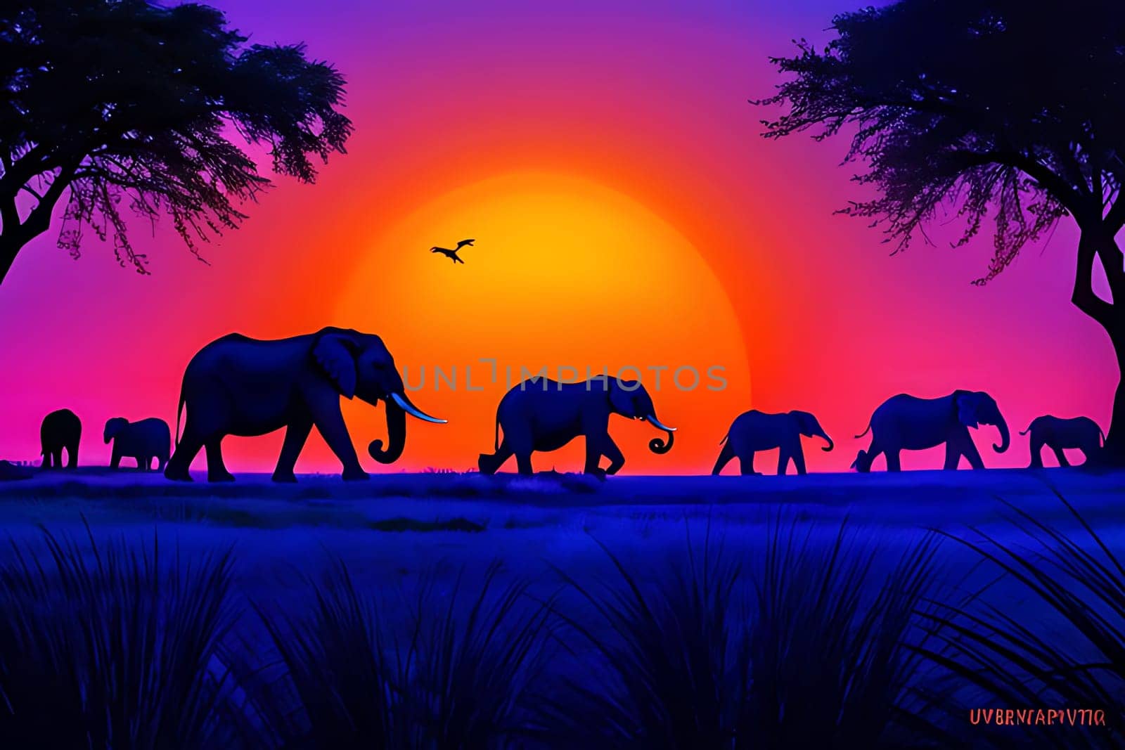 A group of elephants, large mammals with tusks and trunks, are strolling across a grassy field as the sun sets in the background. The elephants move in unison, their massive bodies creating a striking silhouette against the colorful sky.