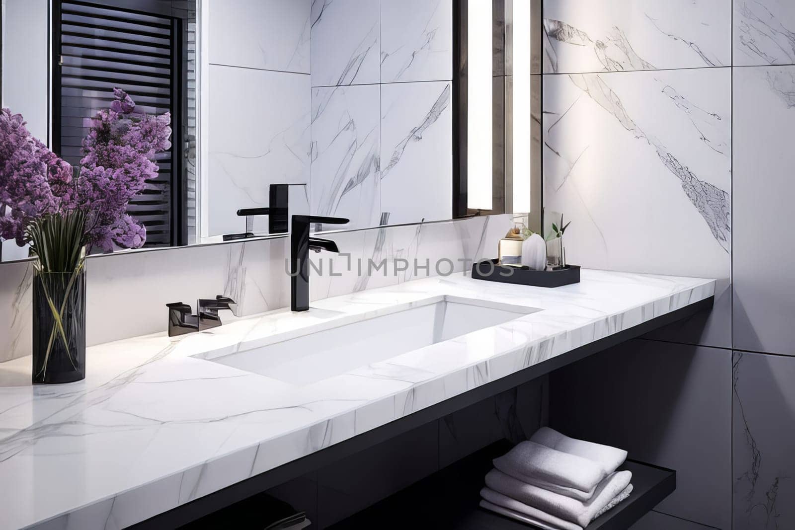Exquisite modern bathroom design in soothing lilac hues. Elegance meets tranquility