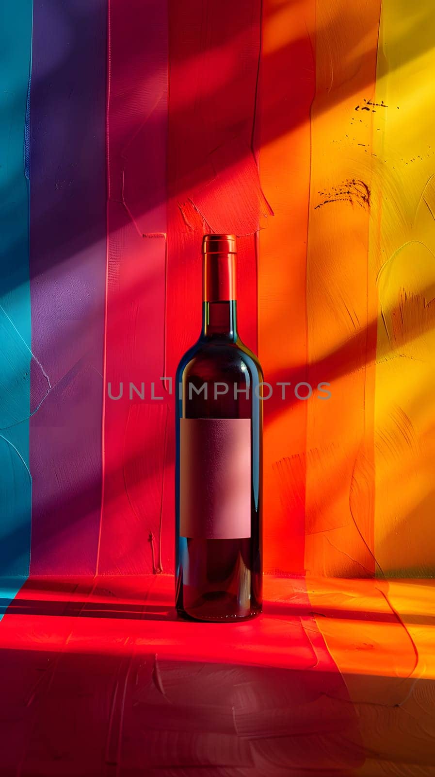 A glass bottle of purple liquid sits on a table in front of a rainbow flag, with a cork bottle stopper saver. It is likely a bottle of wine, ready to be enjoyed as a refreshing drink