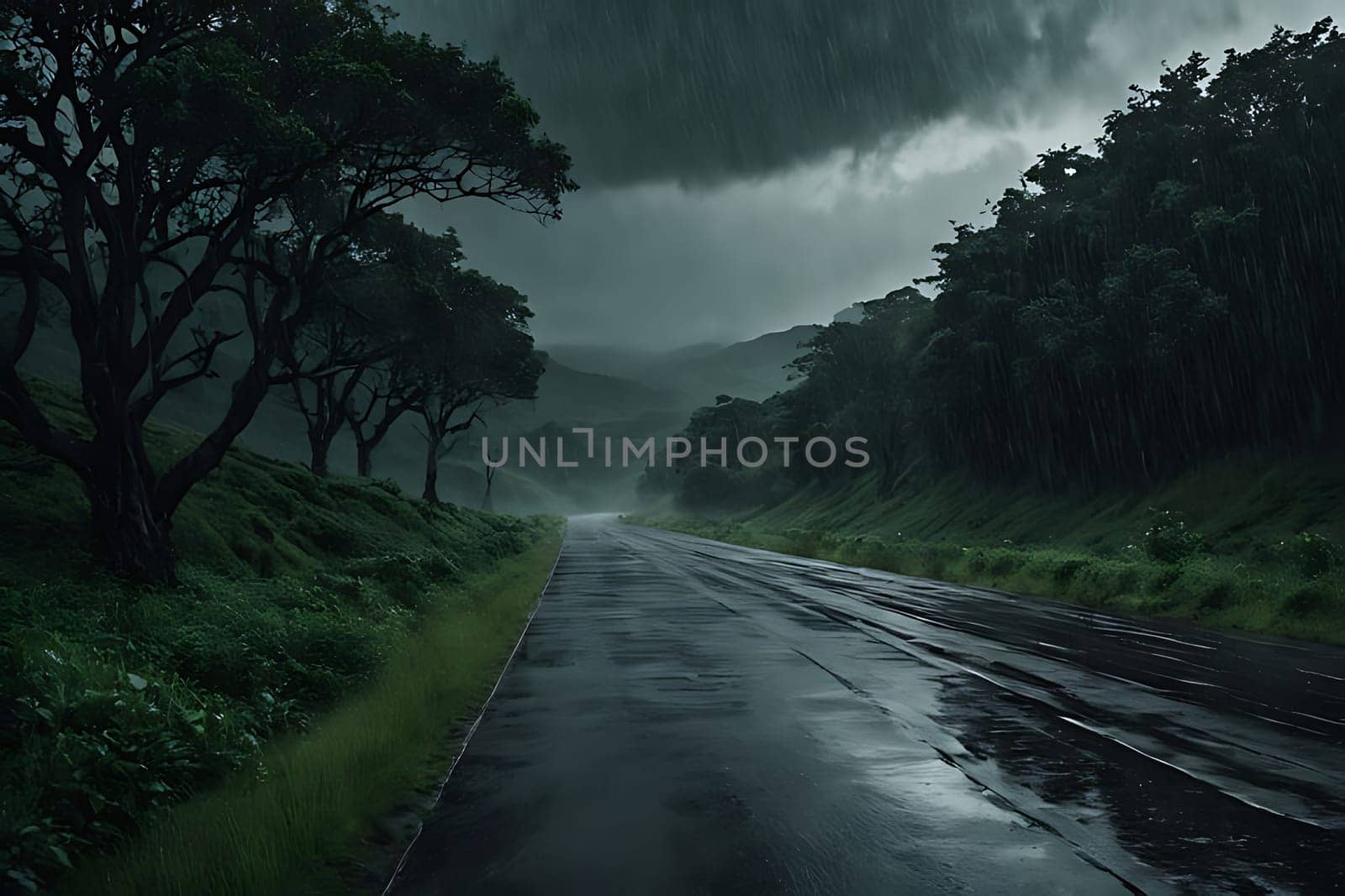 A road meandering through a rural area, flanked by a dense collection of trees that create a canopy overhead. The trees line both sides of the road, casting dappled shadows on the pavement.