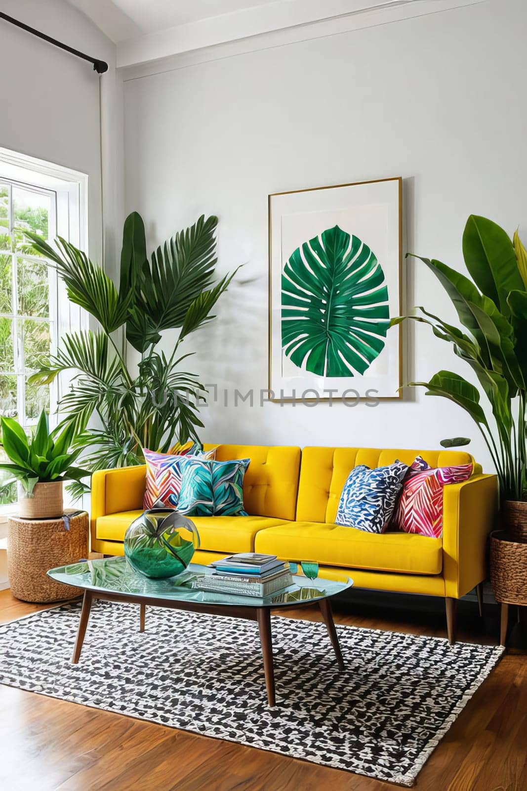 Bright modern living room interior with trendy furniture and tropical plants