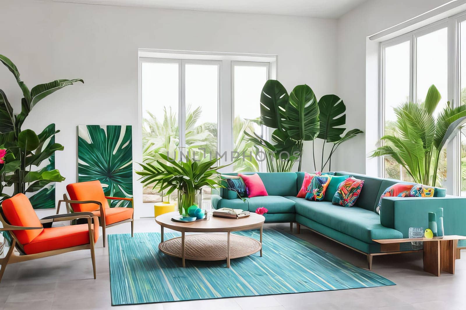 Bright modern living room interior with trendy furniture and tropical plants