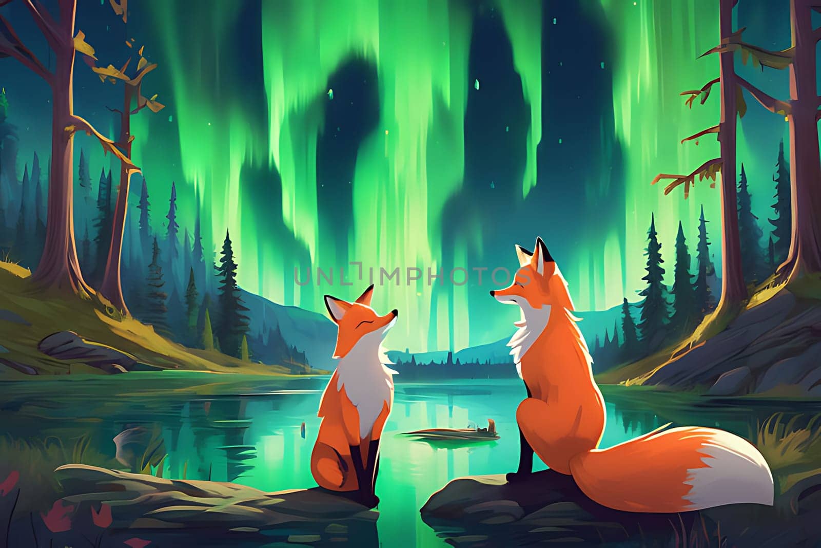 A pair of foxes are seen sitting closely side by side, their furry coats blending in with the surrounding environment. The foxes appear calm and attentive as they rest next to each other.