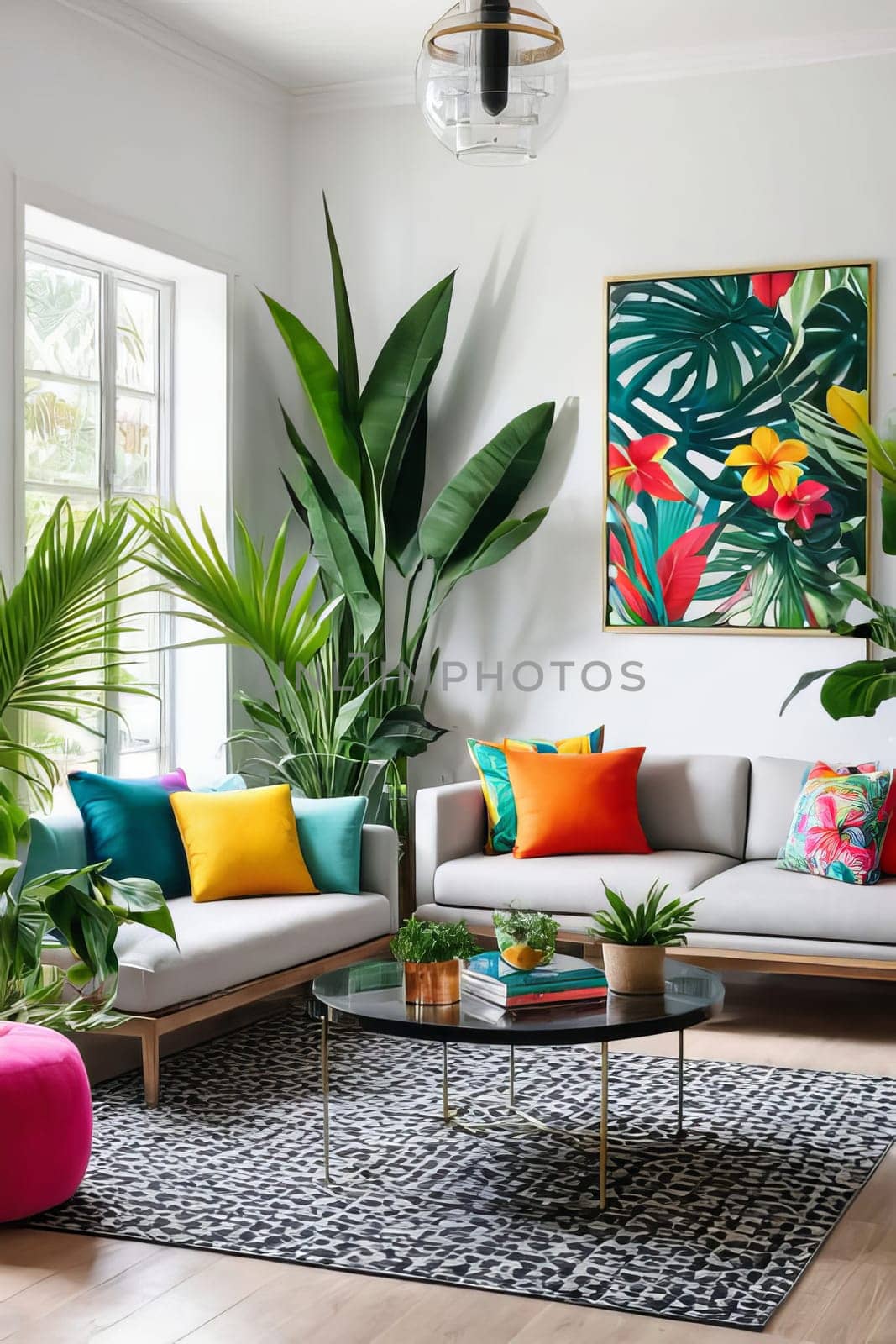 Modern living room filled with colors, stylish furniture, and tropical plants