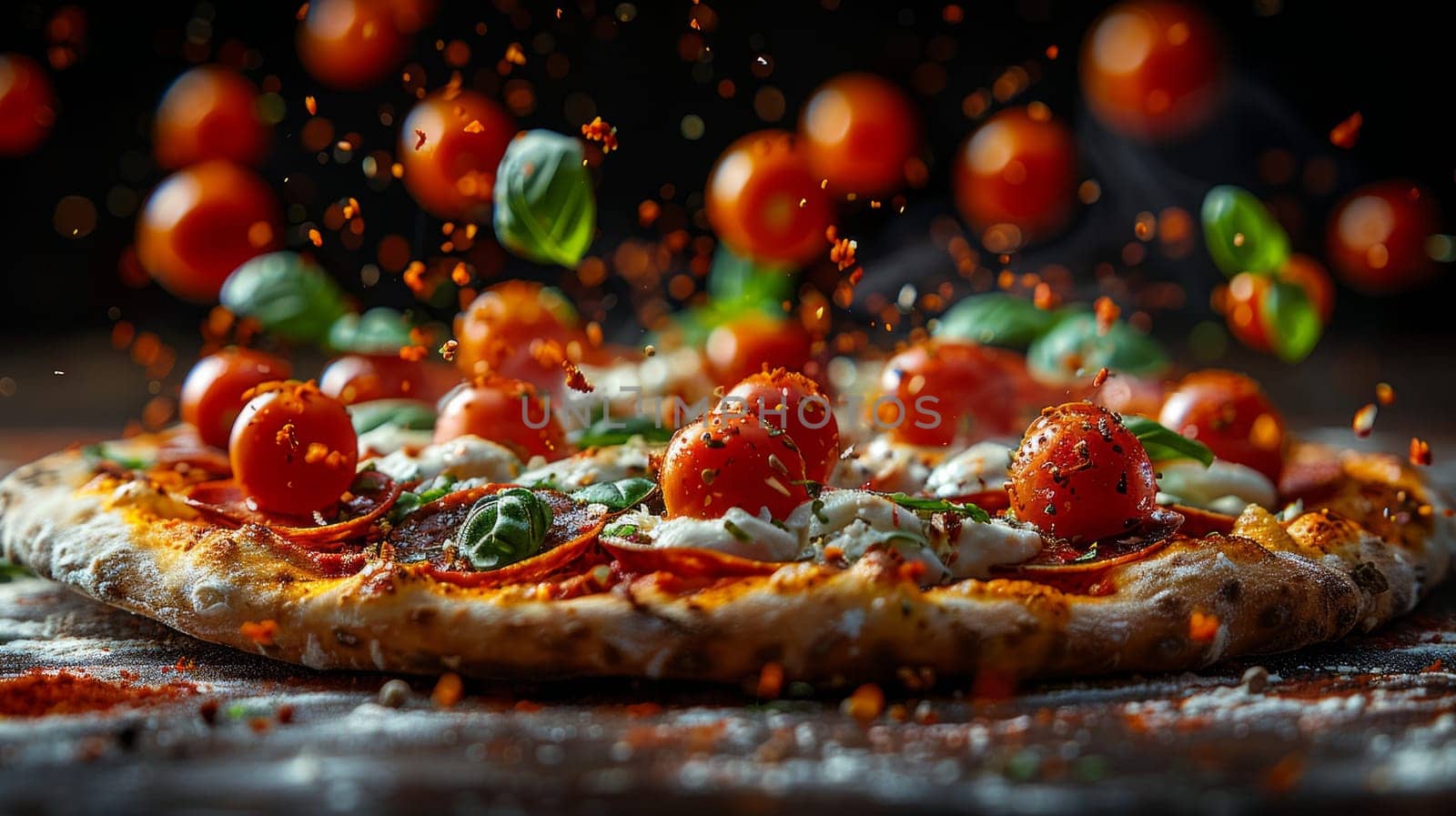 Dynamic pizza ingredients tomato, cheese, basil, pepperoni, and mozzarella balls float mid-air in a captivating culinary composition. Levitation photography captures the essence of Italian cuisine. by iliris