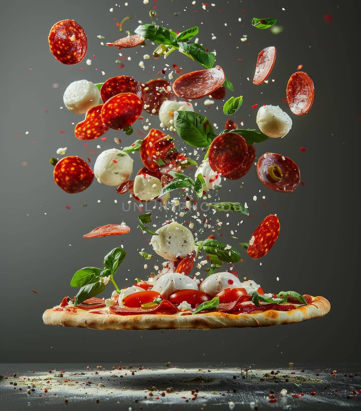 Dynamic pizza ingredients tomato, cheese, basil, pepperoni, and mozzarella balls float mid-air in a captivating culinary composition. Levitation photography captures the essence of Italian cuisine. by iliris