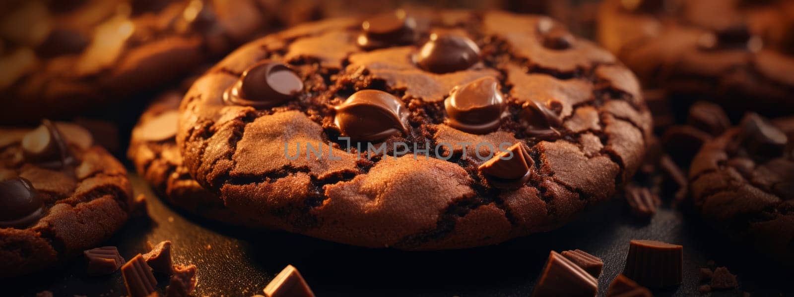 A close up of a pile of chocolate chips cookies texture background