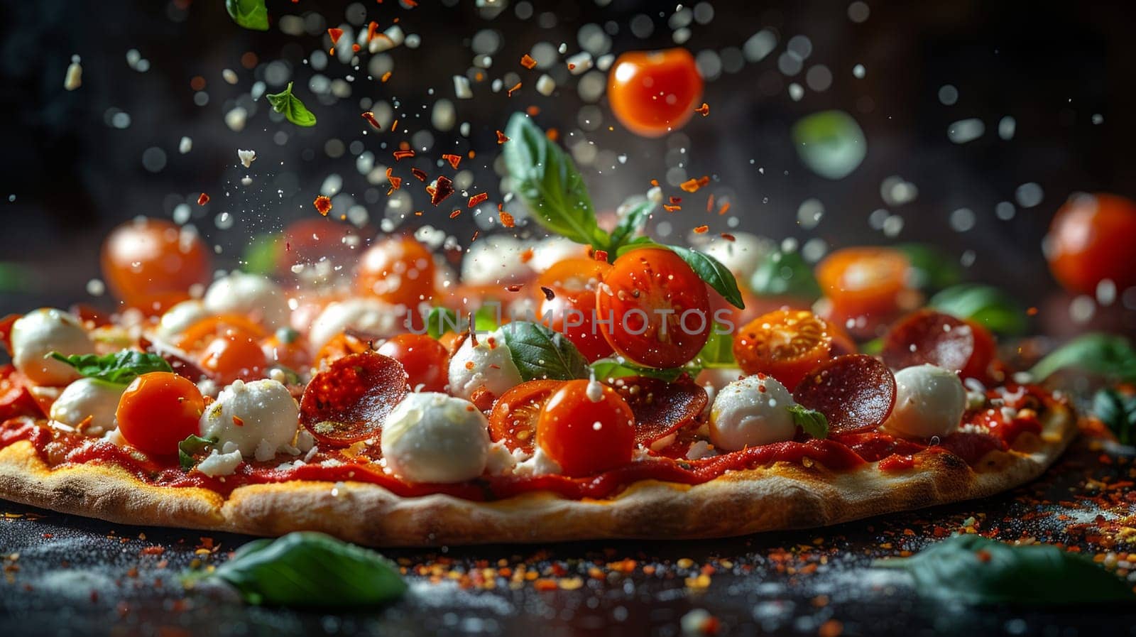 Dynamic pizza ingredients tomato, cheese, basil, pepperoni, and mozzarella balls float mid-air in a captivating culinary composition. Levitation photography captures the essence of Italian cuisine. by iliris