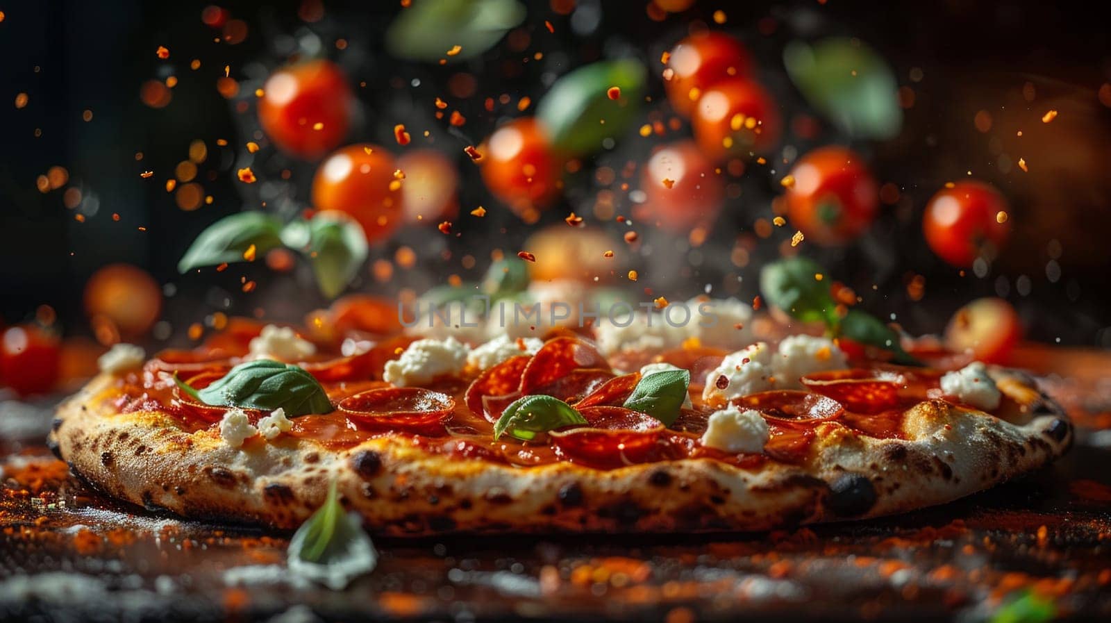 Dynamic pizza ingredients tomato, cheese, basil, pepperoni, and mozzarella balls float mid-air in a captivating culinary composition. Levitation photography captures the essence of Italian cuisine. Ai generated