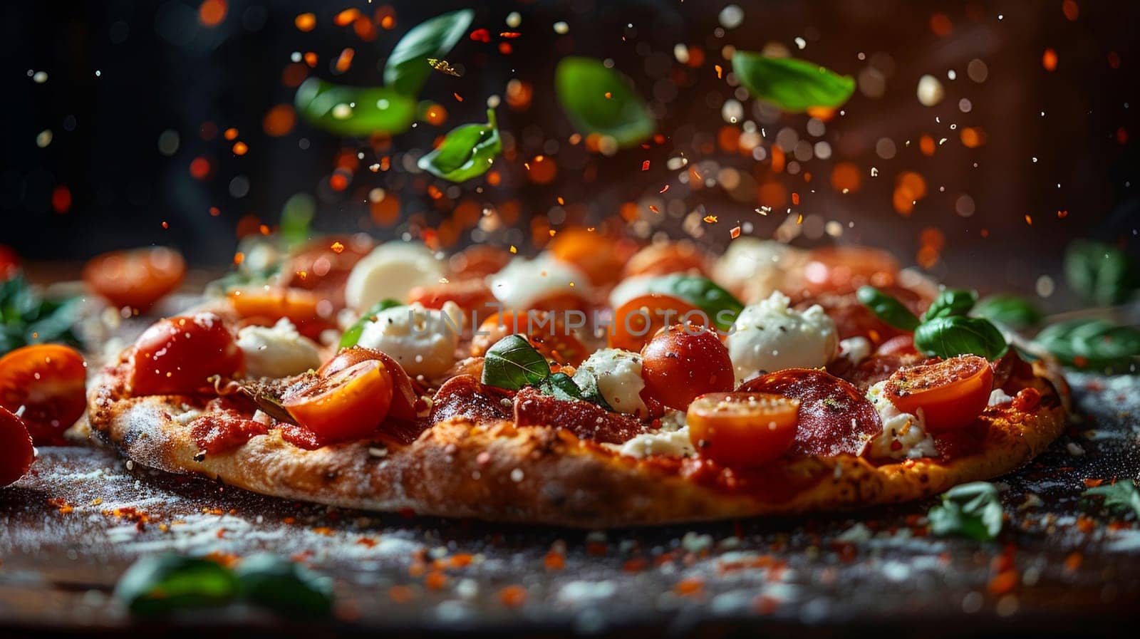 Dynamic pizza ingredients tomato, cheese, basil, pepperoni, and mozzarella balls float mid-air in a captivating culinary composition. Levitation photography captures the essence of Italian cuisine. by iliris