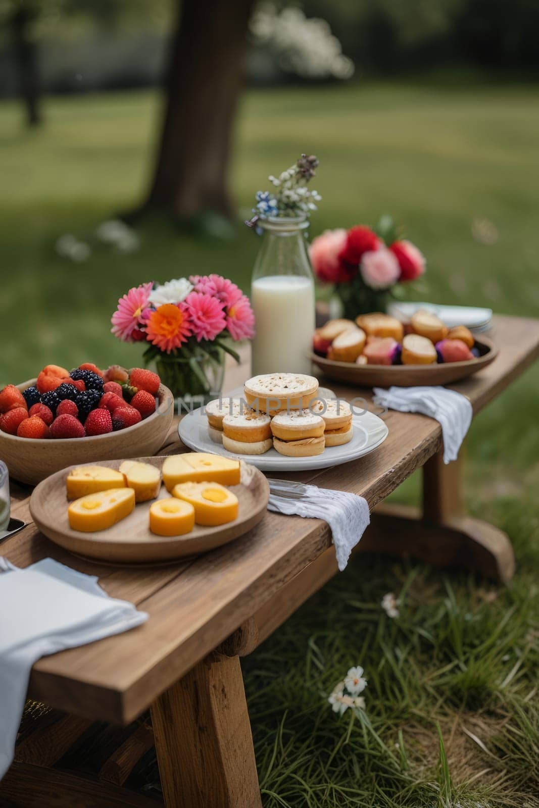Indulge in a delectable outdoor brunch spread highlighting fresh dairy delights and vibrant blossoms, a feast for the senses.