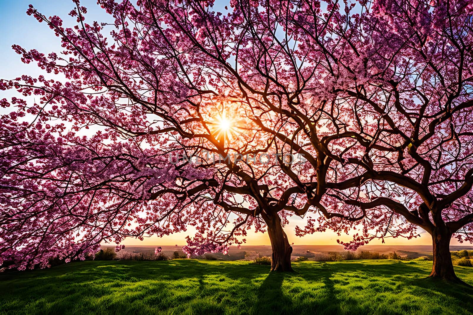 Two trees are growing in a grassy area, their branches reaching towards the sky. The green grass surrounds them, under a clear blue sky.