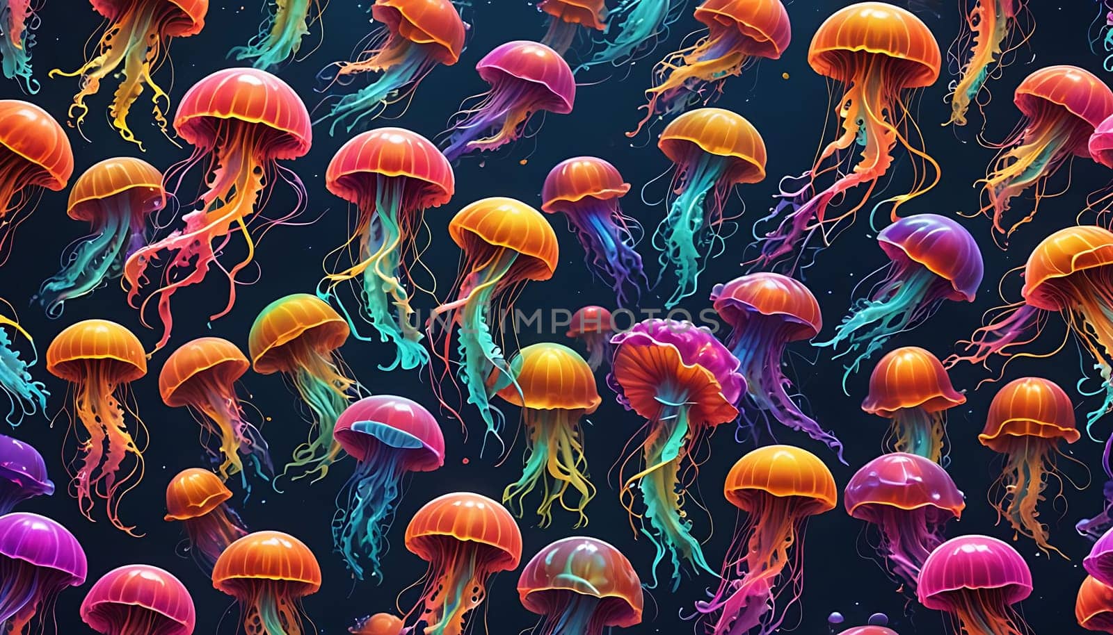 A vast gathering of jellyfish can be seen floating in the deep blue ocean waters. Their translucent bodies drift lazily with the currents, creating a mesmerizing sight as they pulse and sway in unison.