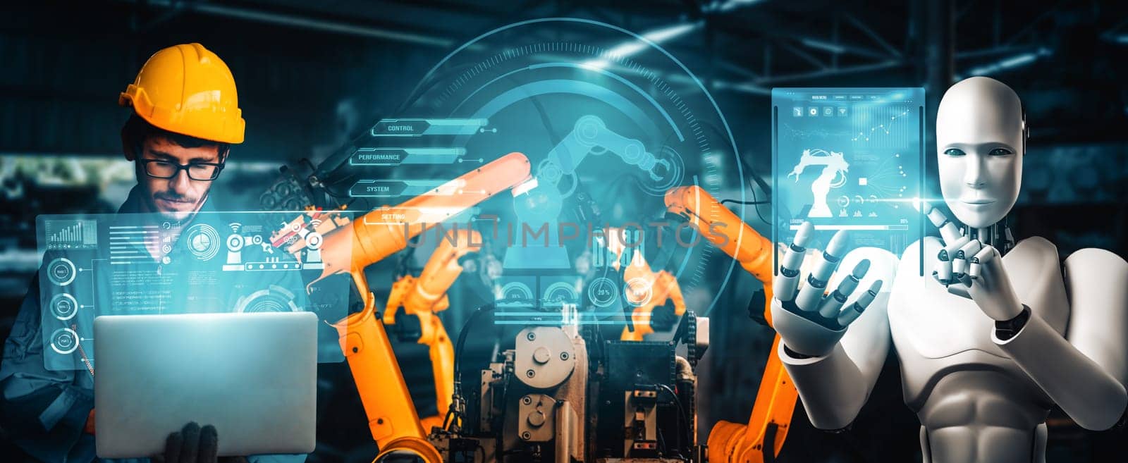 MLB Mechanized industry robot and human worker working together in future factory. Concept of artificial intelligence for industrial revolution and automation manufacturing process.