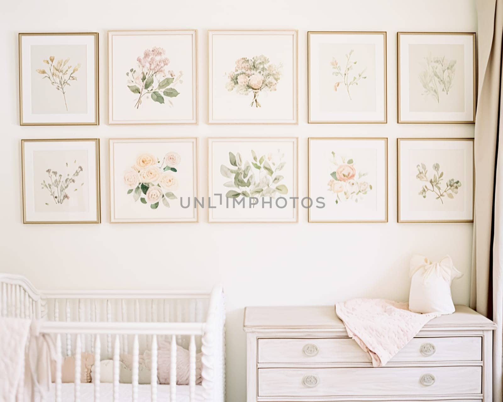 Nursery gallery wall, home decor and wall art, framed art in the English country cottage interior, room for diy printable artwork mockup and print shop idea