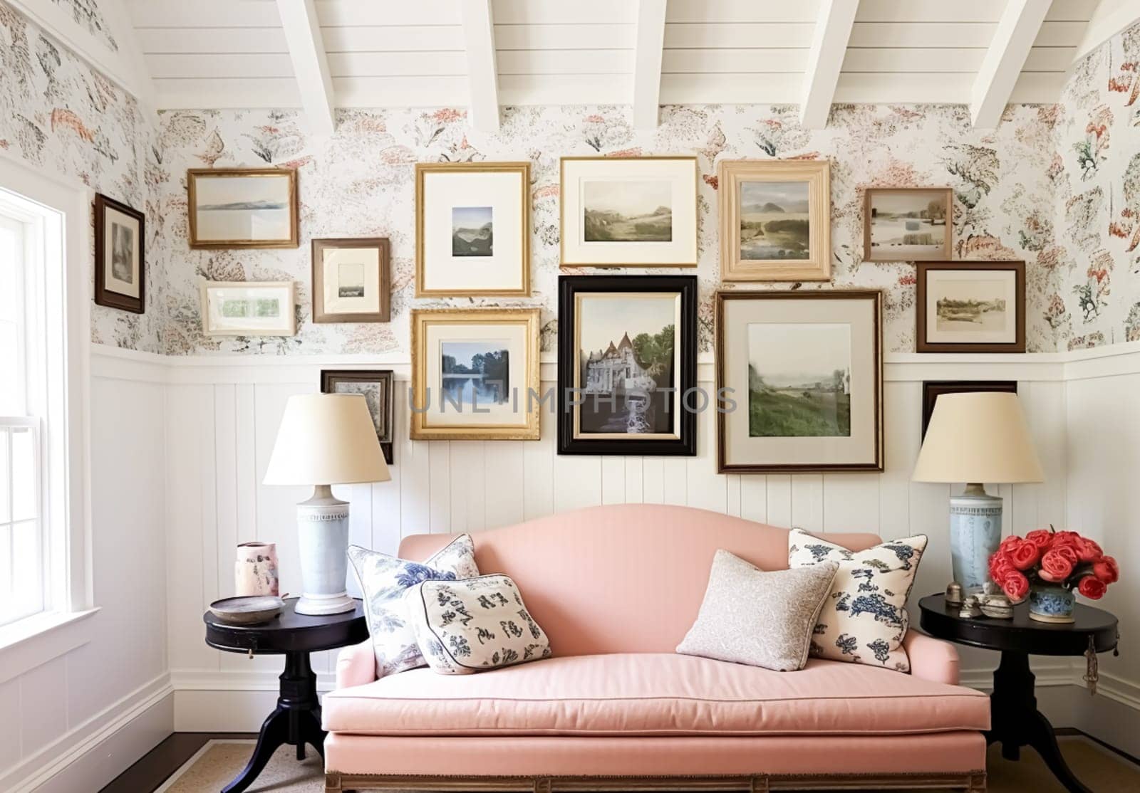 Living room gallery wall, home decor and wall art, framed art in the English country cottage interior, room for diy printable artwork mockup and print shop idea