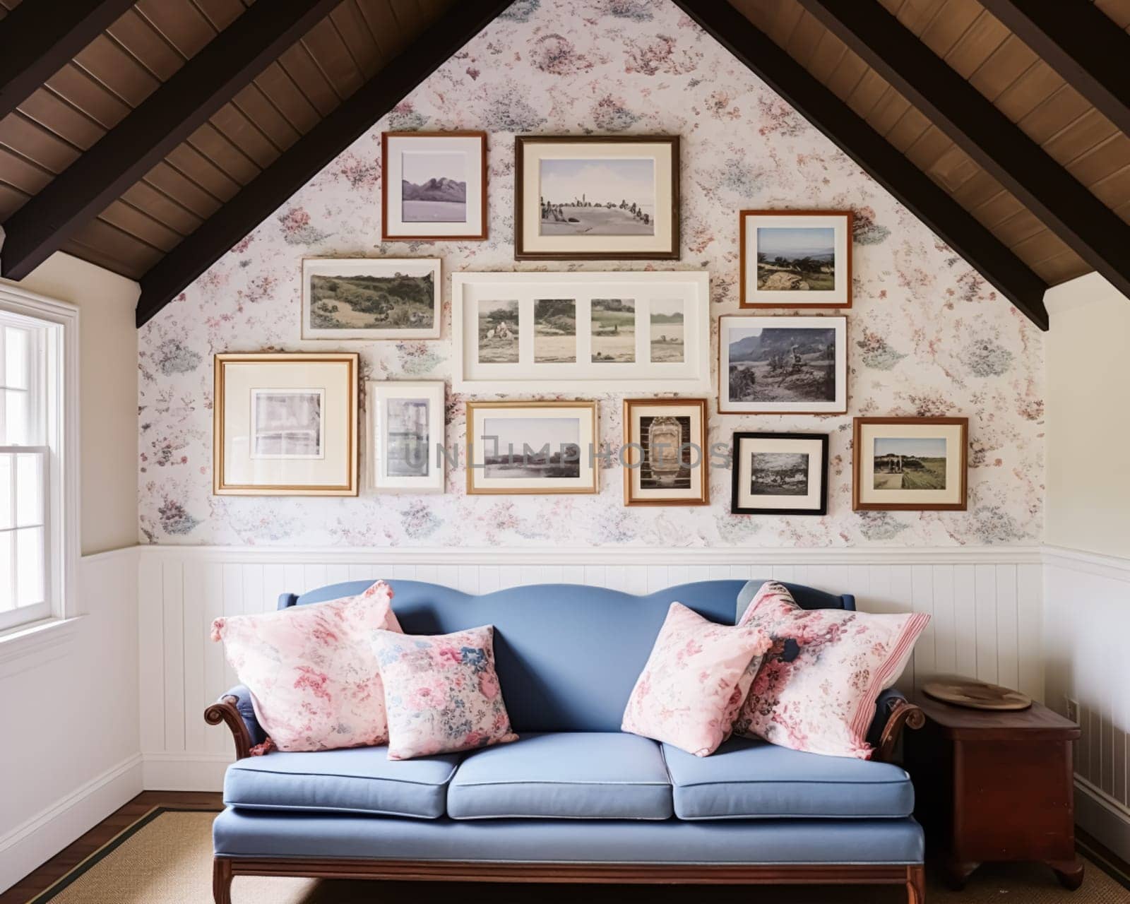 Living room gallery wall, home decor and wall art, framed art in the English country cottage interior, room for diy printable artwork mockup and print shop idea