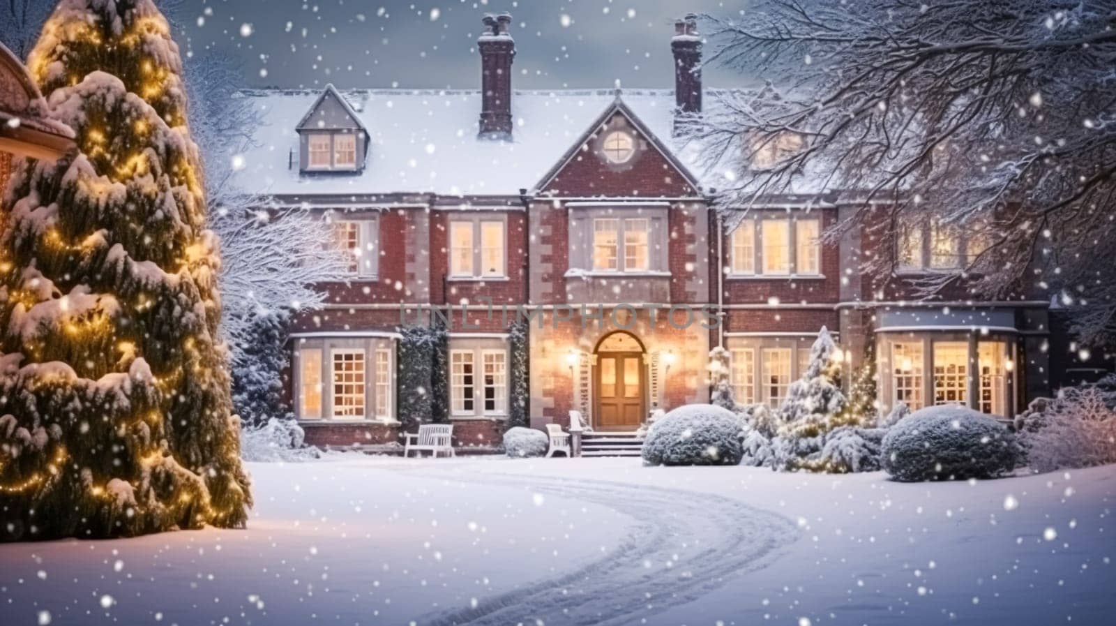 Christmas in the countryside manor, English country house mansion decorated for holidays on a snowy winter evening with snow and holiday lights, Merry Christmas and Happy Holidays design