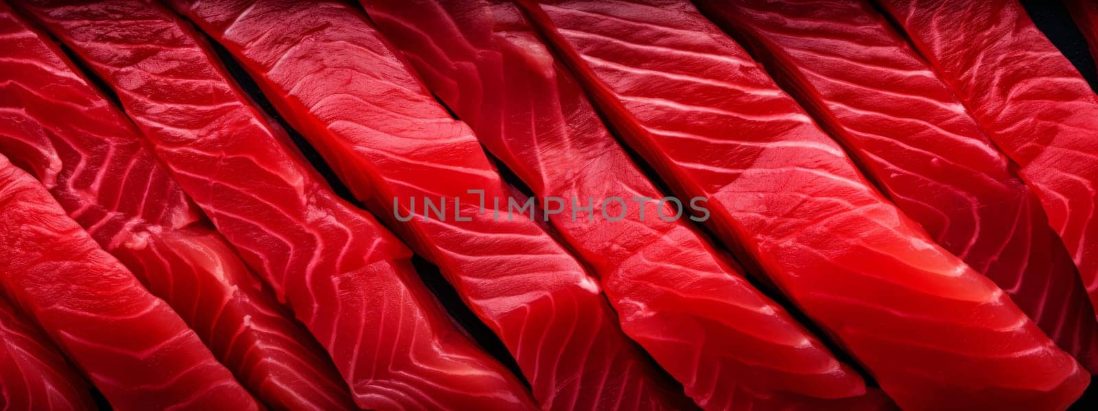 Sliced bluefin tuna raw meat texture background, close-up. by Artsiom