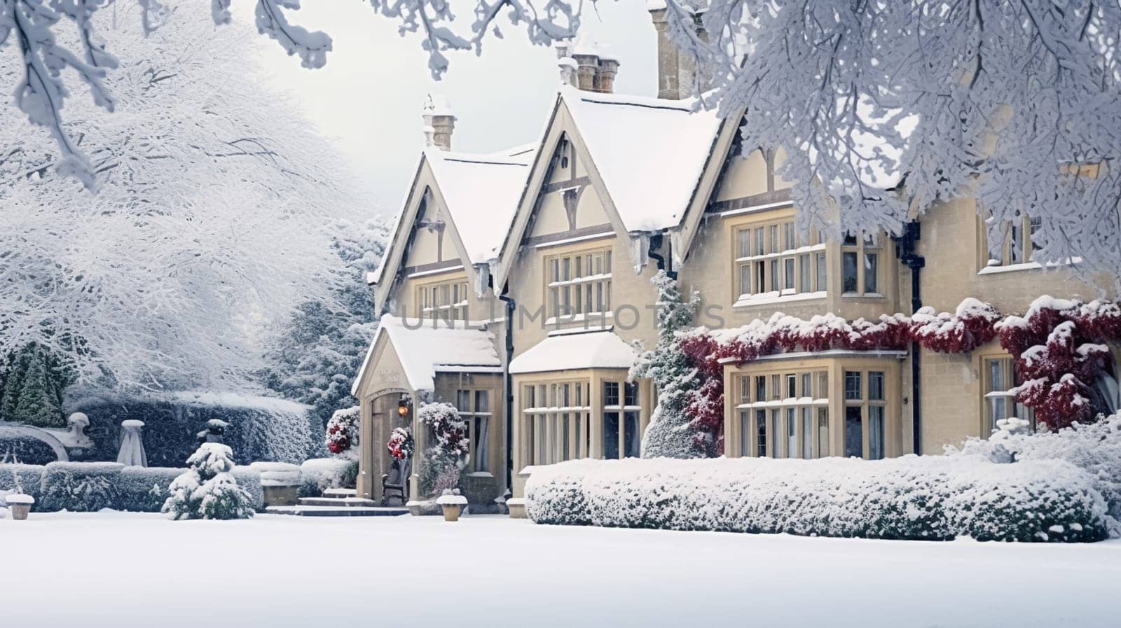 Christmas at the manor, English countryside style estate in winter with garden and festive exterior landscape decor