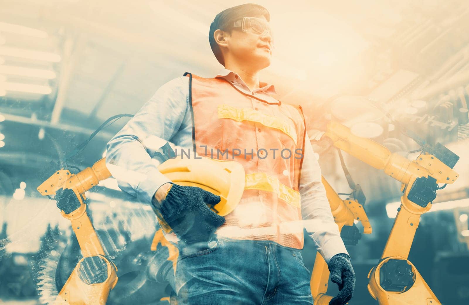 MLB Mechanized industry robot arm and factory worker double exposure. Concept of robotics technology for industrial revolution and automated manufacturing process.