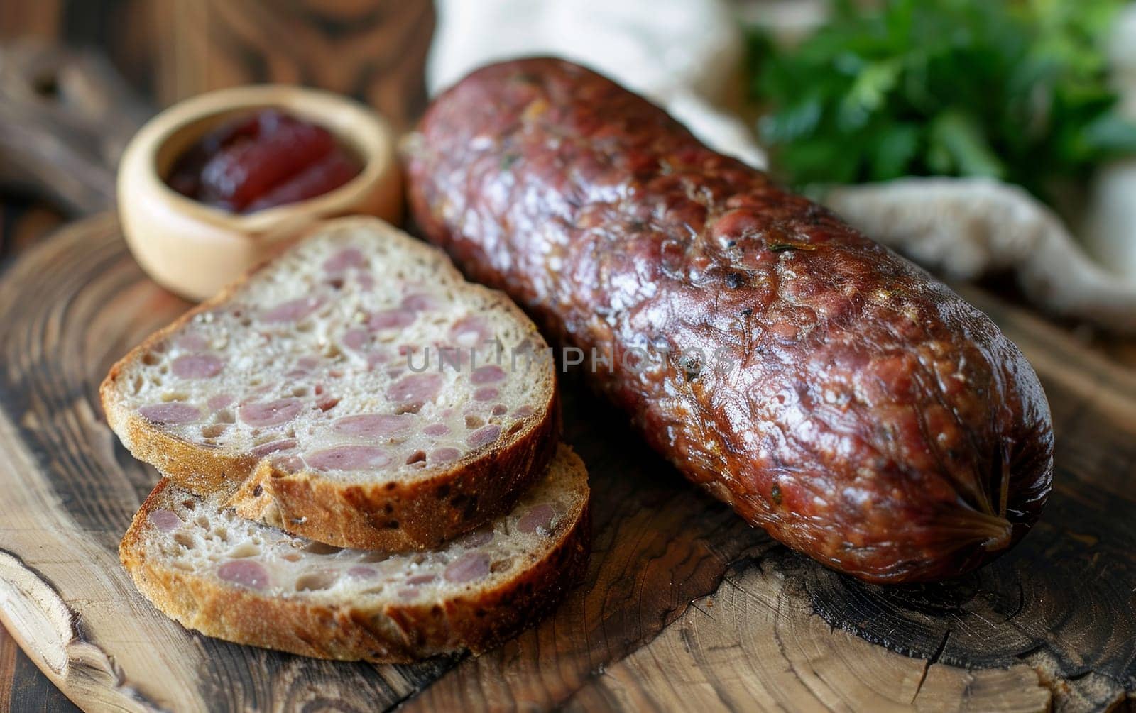 Sliced traditional sausage and rustic bread served on a wooden cutting board with ketchup, depicting a hearty meal. by sfinks