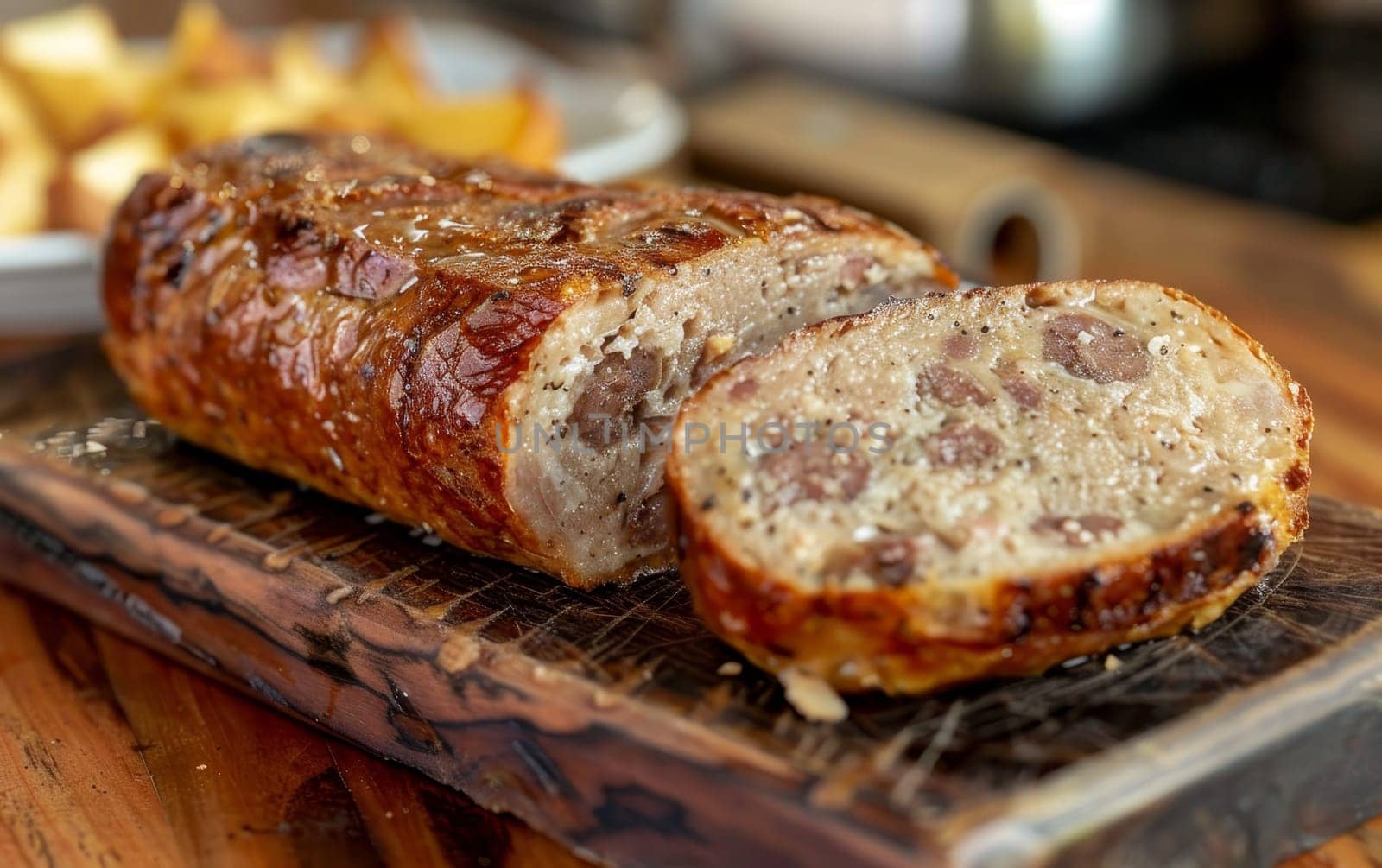 A succulent stuffed meatloaf served on a rustic wooden board, garnished with fresh herbs, ready for a delicious meal. by sfinks