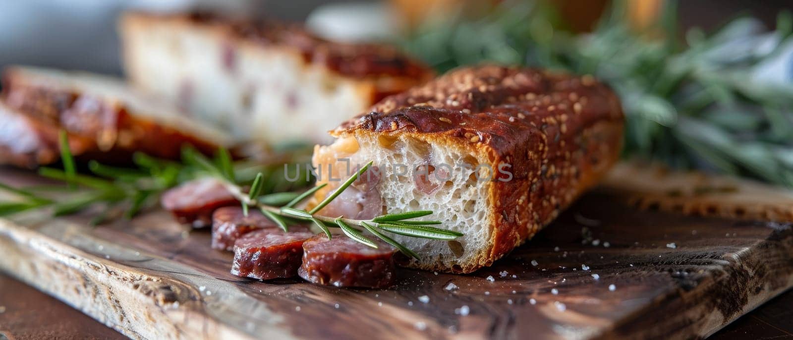 Sliced traditional sausage and rustic bread served on a wooden cutting board with ketchup, depicting a hearty meal. by sfinks