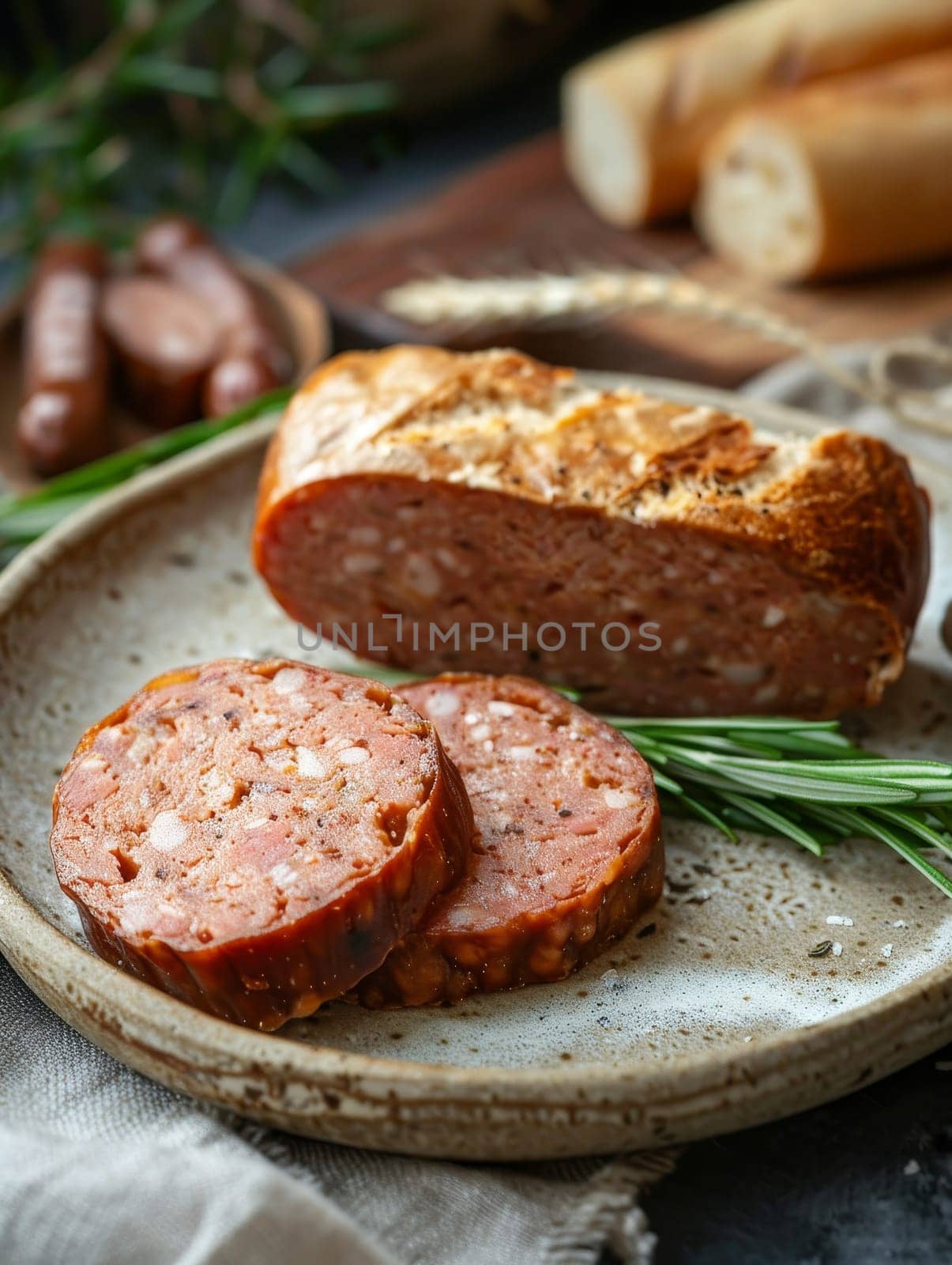 A succulent stuffed meatloaf served on a rustic wooden board, garnished with fresh herbs, ready for a delicious meal