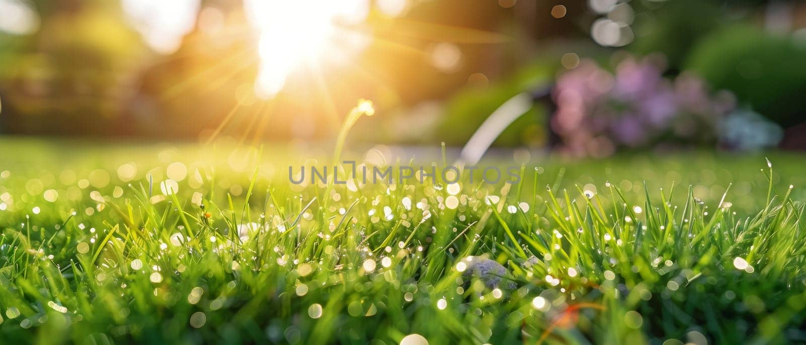 Water sprinkler spraying droplets on a vibrant green lawn with sunflare, symbolizing garden care and summer freshness