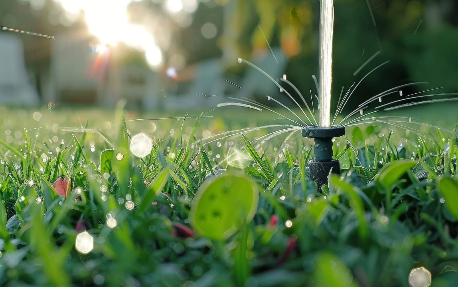 Water sprinkler spraying droplets on a vibrant green lawn with sunflare, symbolizing garden care and summer freshness