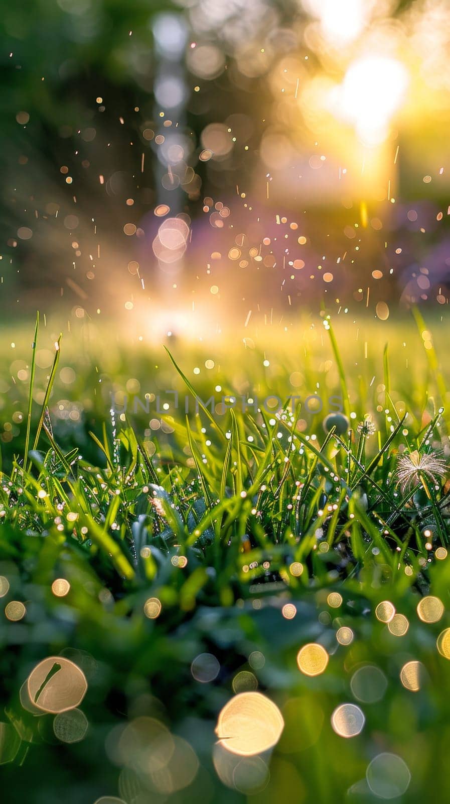 Water sprinkler spraying droplets on a vibrant green lawn with sunflare, symbolizing garden care and summer freshness