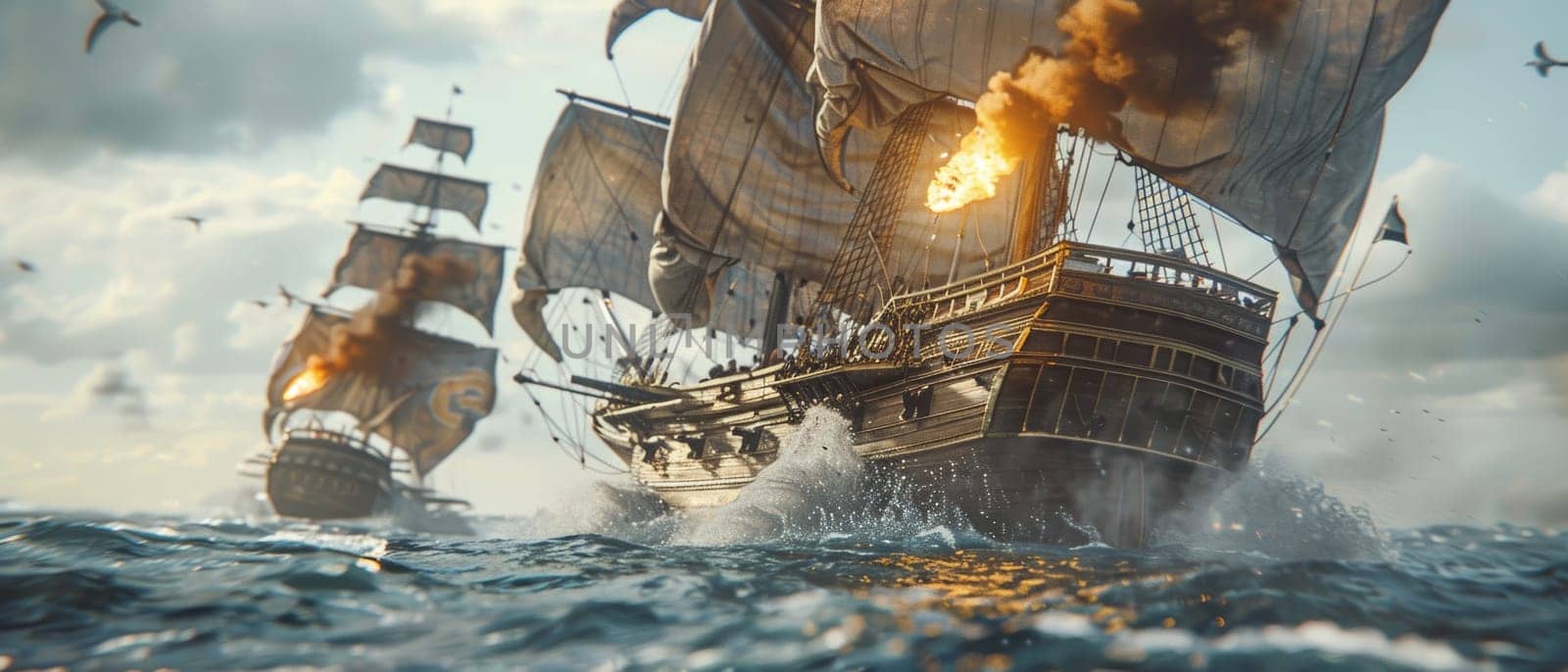 An epic naval battle scene featuring grand sailing ships amidst cannon fire and dramatic skies, invoking historical maritime warfare. by sfinks