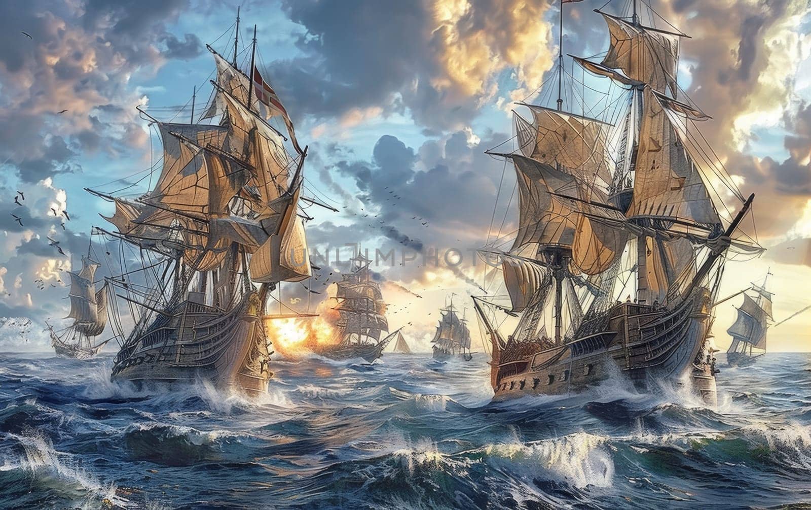 An epic naval battle scene featuring grand sailing ships amidst cannon fire and dramatic skies, invoking historical maritime warfare. by sfinks