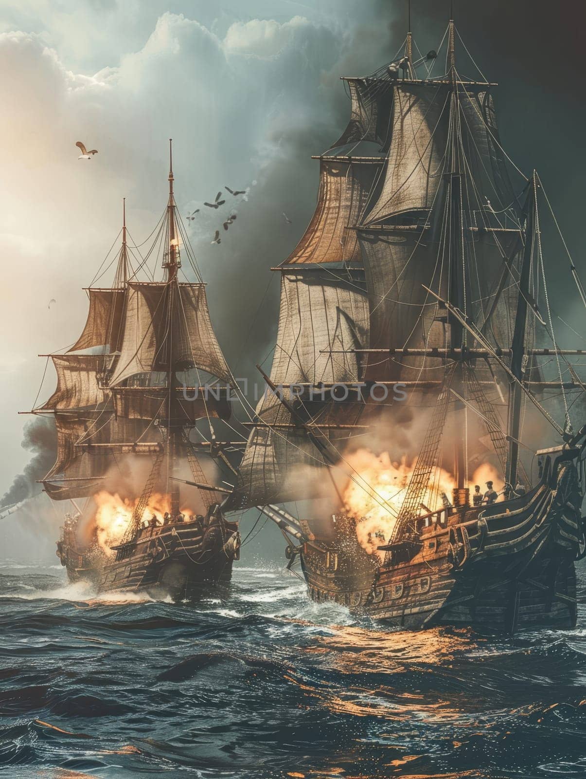 An epic naval battle scene featuring grand sailing ships amidst cannon fire and dramatic skies, invoking historical maritime warfare. by sfinks