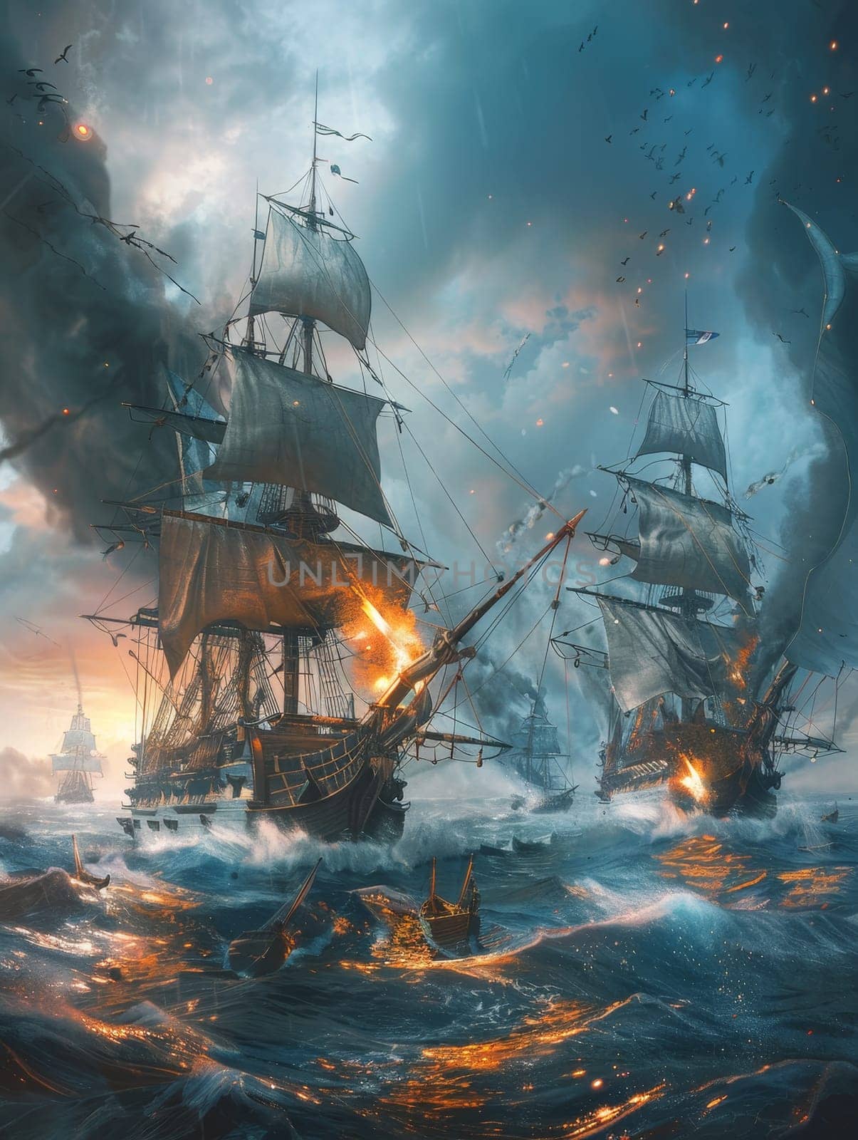 An epic naval battle scene featuring grand sailing ships amidst cannon fire and dramatic skies, invoking historical maritime warfare